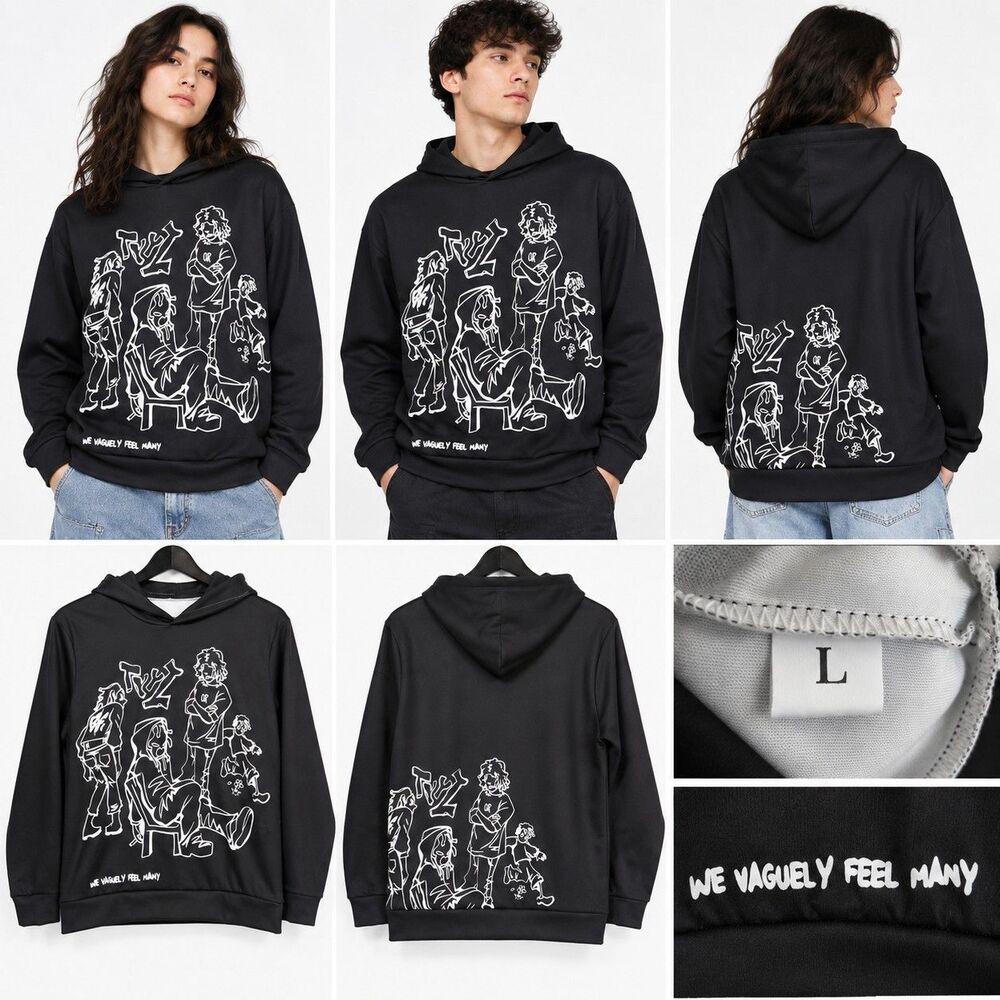 We Vaguely Feel Many Hoodie Large Black Graphic Anime Harajuku Y2K Streetwear